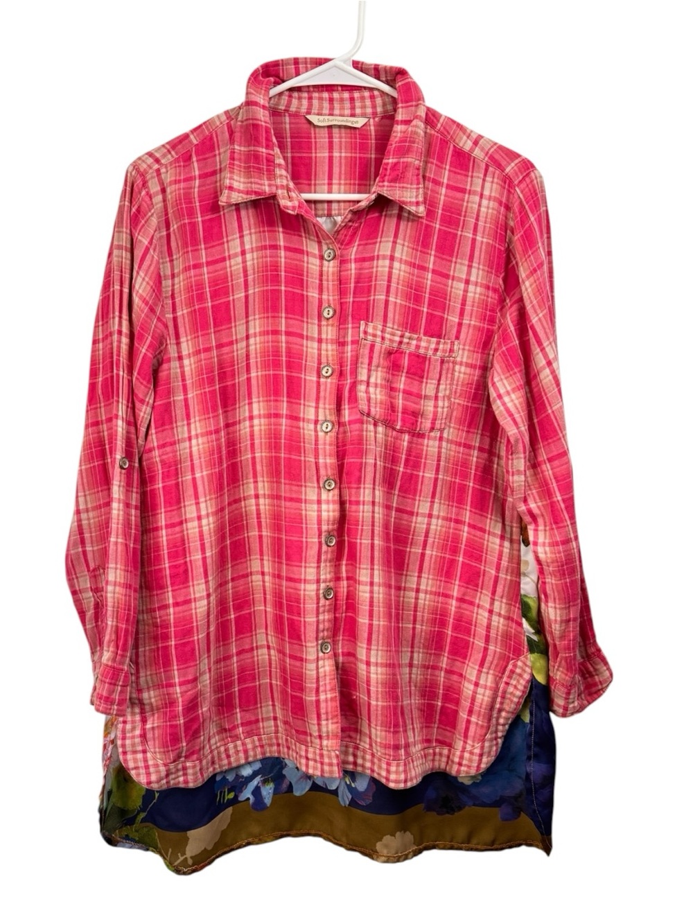 Soft Surroundings Size Large Plaid Button Down Long Sleeve Shirt Top Floral Back - Picture 2 of 7
